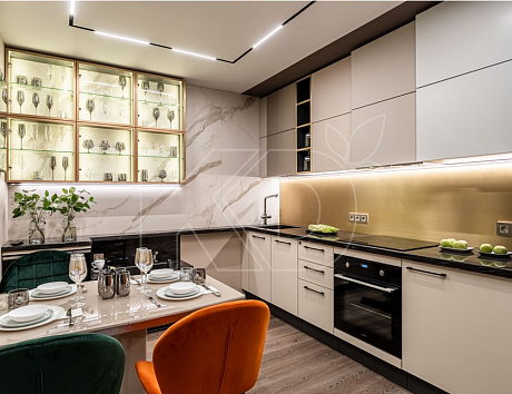 дизайн белой с бежевым кухни